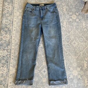 Oat Jeans Straight Ankle Frayed Hem High Rise Stretch Jeans- Light Wash 4/27